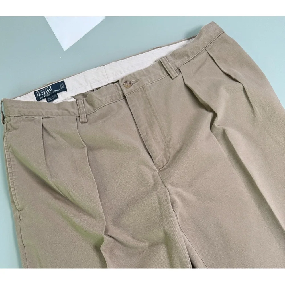 VTG Polo Ralph Lauren Ethan Pant Mens Khaki Pleated Cuffed Trouser  - 38x32